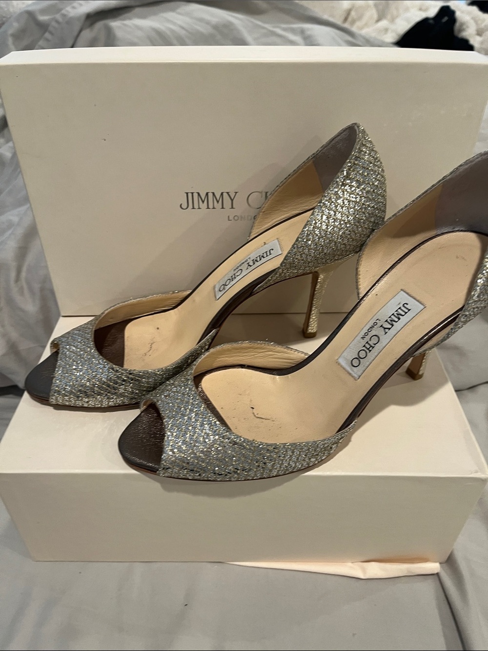 Jimmy Choo Silver Glitter Open-Toe Pumps